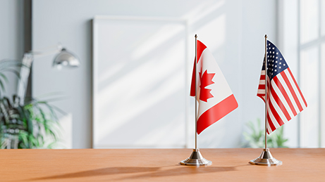 Canada and U.S. small flags on pole sitting on a desk.