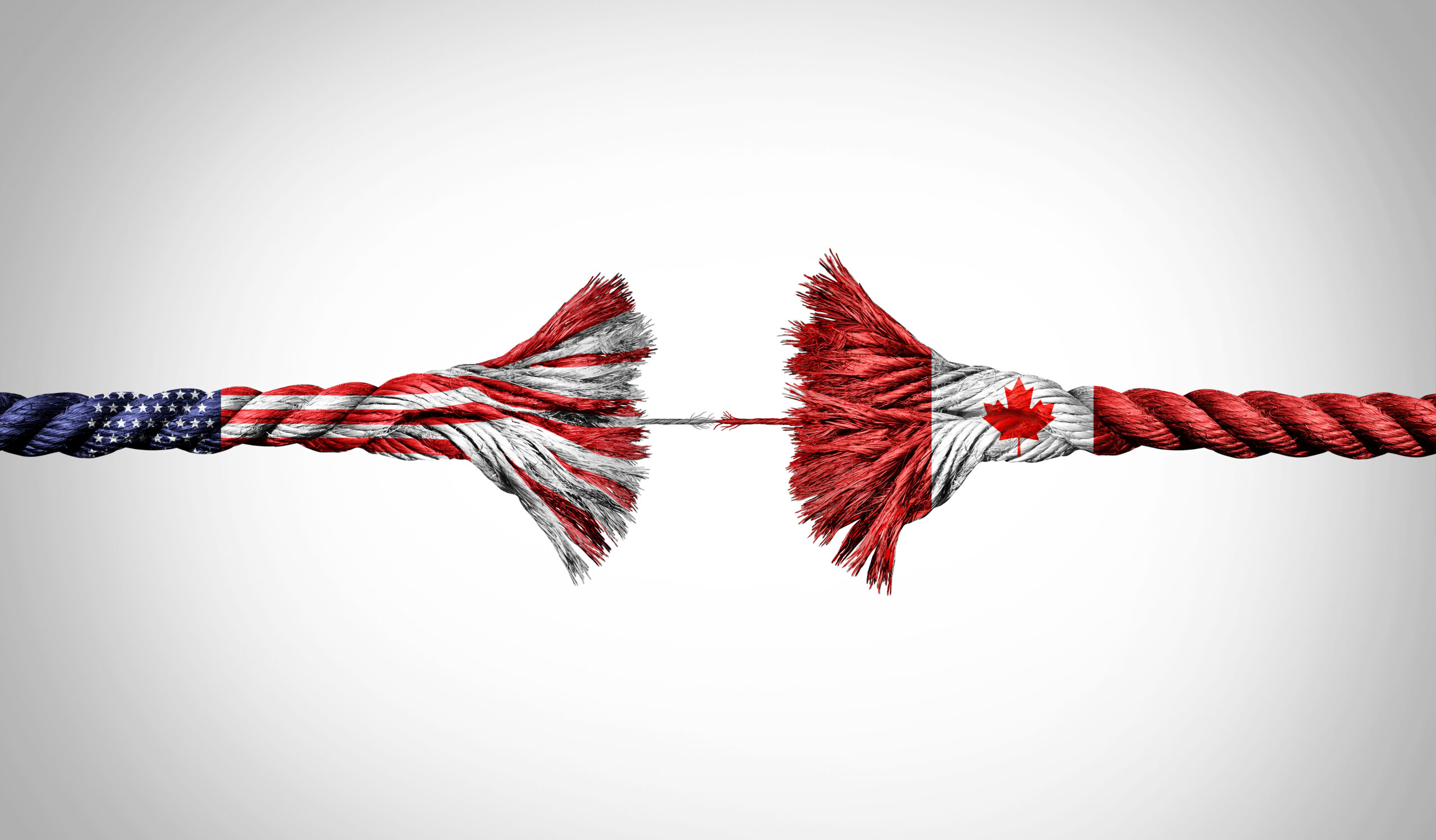 Canada US crisis concept as a Broken Rope stretched with force and stressed to a decoupling metaphor for pressure on the economic and political relationship between Ottawa and Washington.