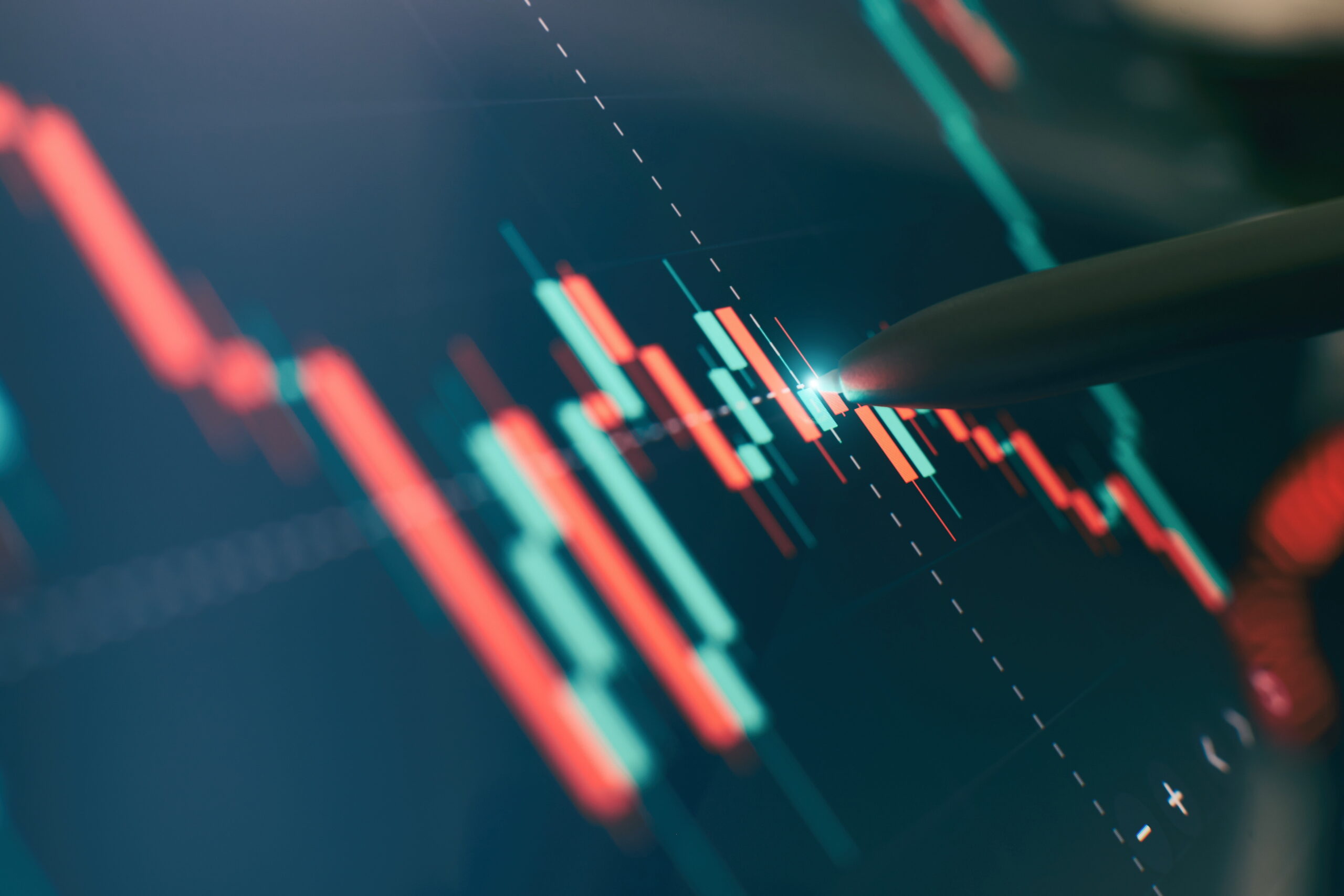 Financial chart with pen, stock analysis data for business background on digital screen. Graphs of the growth of the financial market forex. trading candlestick chart